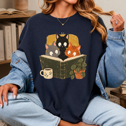 Minimal Japanese Cats Reading Softstyle T-Shirt | Book Lover Gift Navy