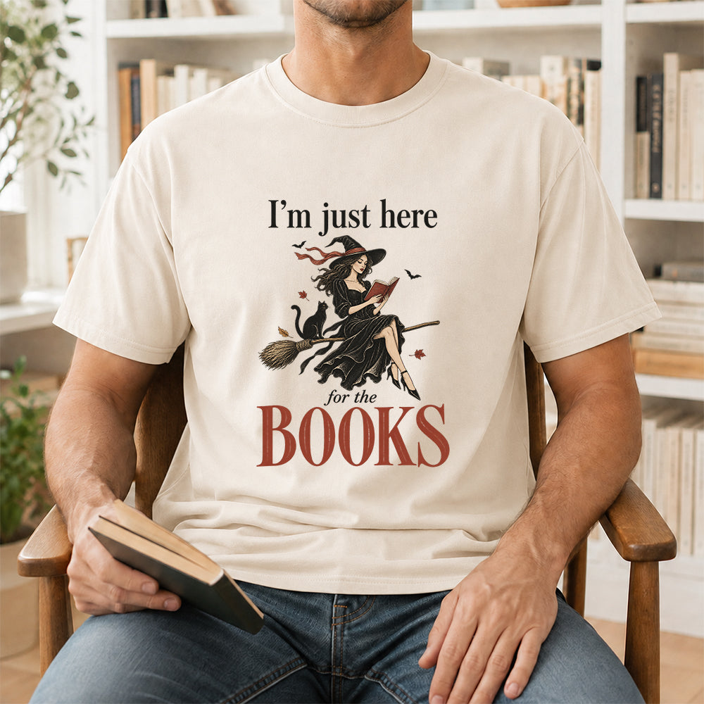 I'M Just Here For The Books Printed T-Shirt | Halloween Book Lover Gift Natural