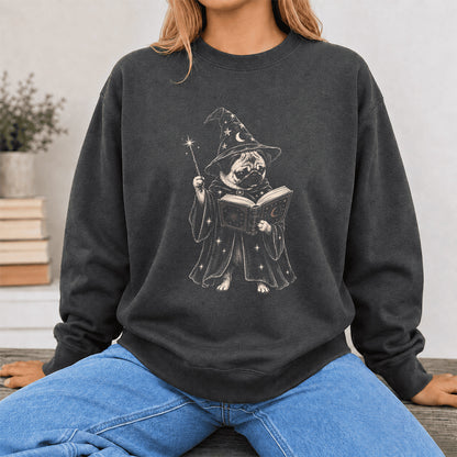 Cute Pug Witch Reading Book Printed Sweatshirt | Halloween Book Lover Gift Dark Heather