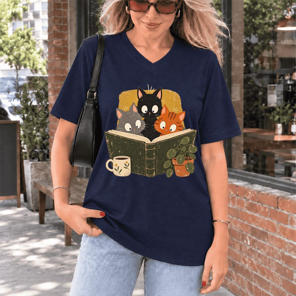 Curious Reading Cats Ultra-Soft V-Neck | Cat Lover Reader Gift Navy