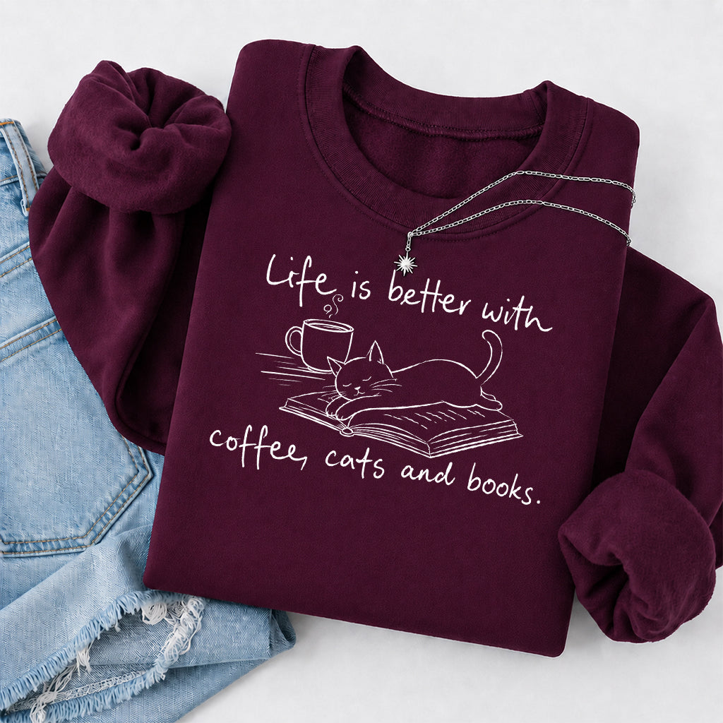 Funny Cats and Books Crewneck Sweatshirt | Reader Gift Maroon