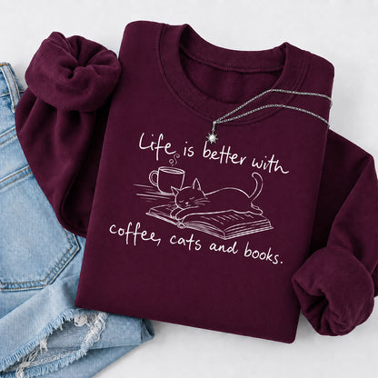 Funny Cats and Books Crewneck Sweatshirt | Reader Gift Maroon