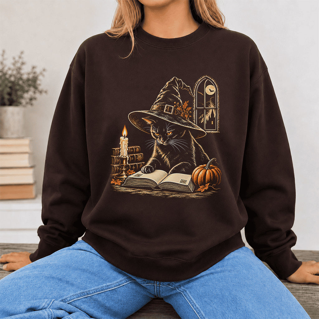 Reading Black Cat Witch Printed Sweatshirt | Halloween Book Lover Gift Dark Chocolate
