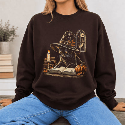 Reading Black Cat Witch Printed Sweatshirt | Halloween Book Lover Gift Dark Chocolate