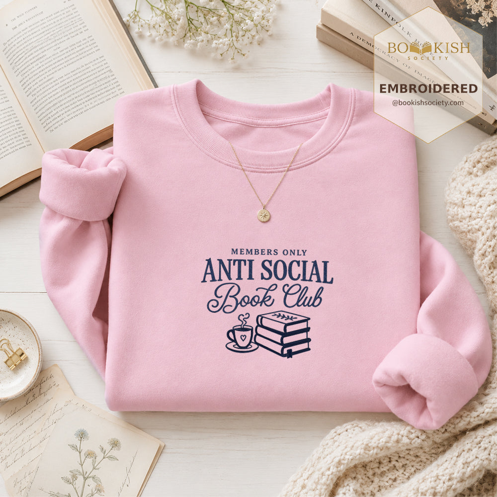 Anti-Social Book Club Embroidered Sweatshirt | Reader Gift Light Pink