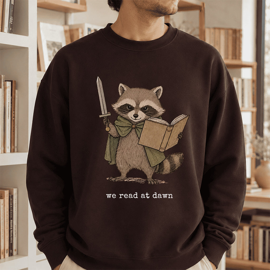 Raccoon We Read At Dawn Crewneck Sweatshirt | Reader Gift Dark Chocolate