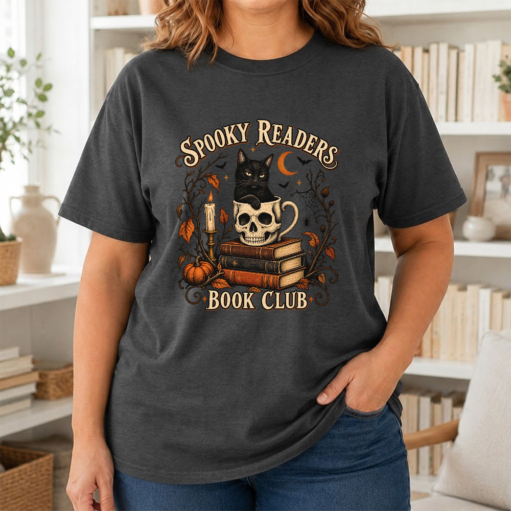 Spooky Reader Book Club Cotton T-Shirt | Halloween Book Lover Gift Dark Heather