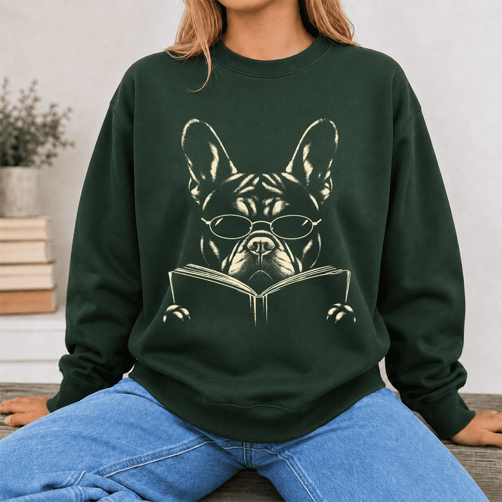 French Bulldog Reading Book Crewneck Sweatshirt | Reader Gift Forest Green