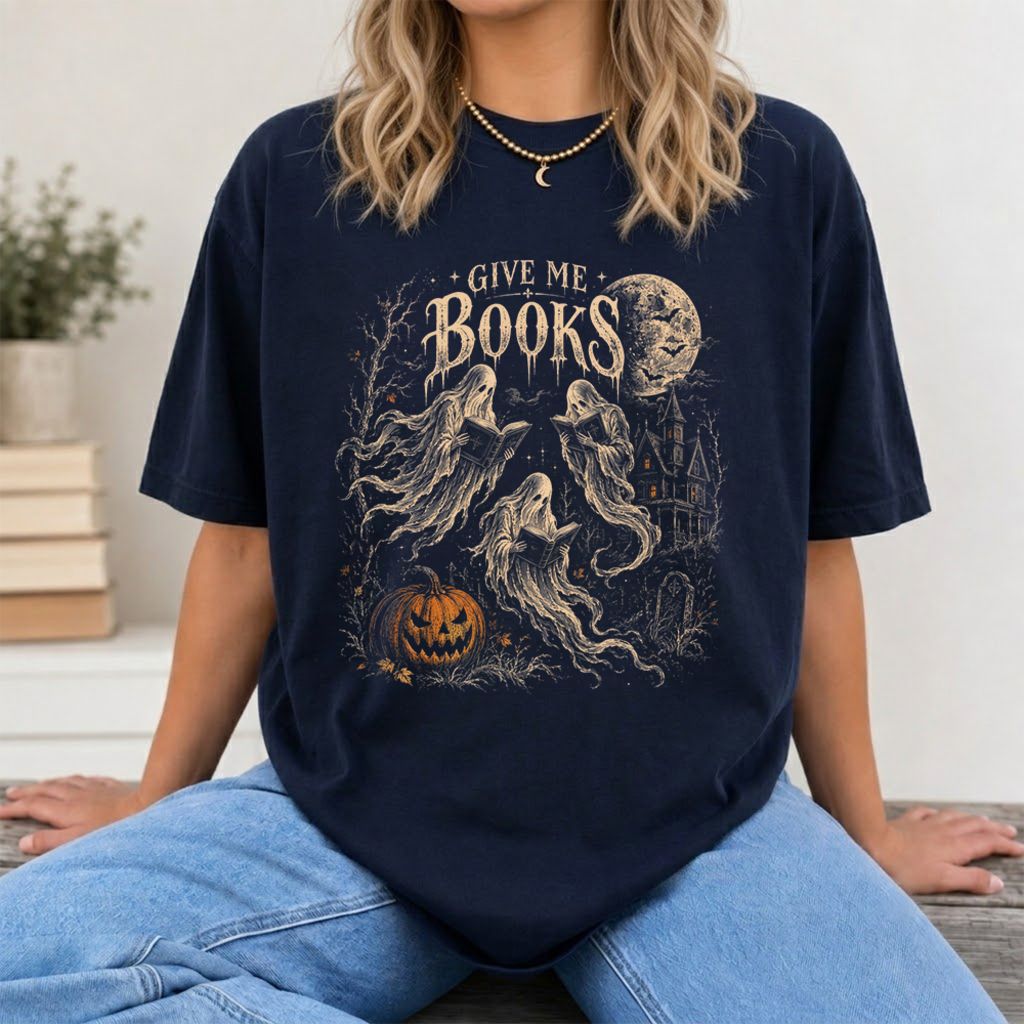 Give Me Books Printed T-Shirt | Halloween Book Lover Gift Navy