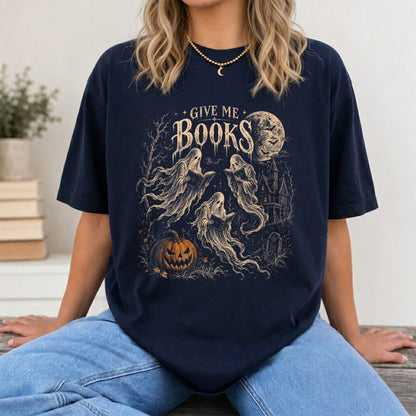 Give Me Books Printed T-Shirt | Halloween Book Lover Gift Navy