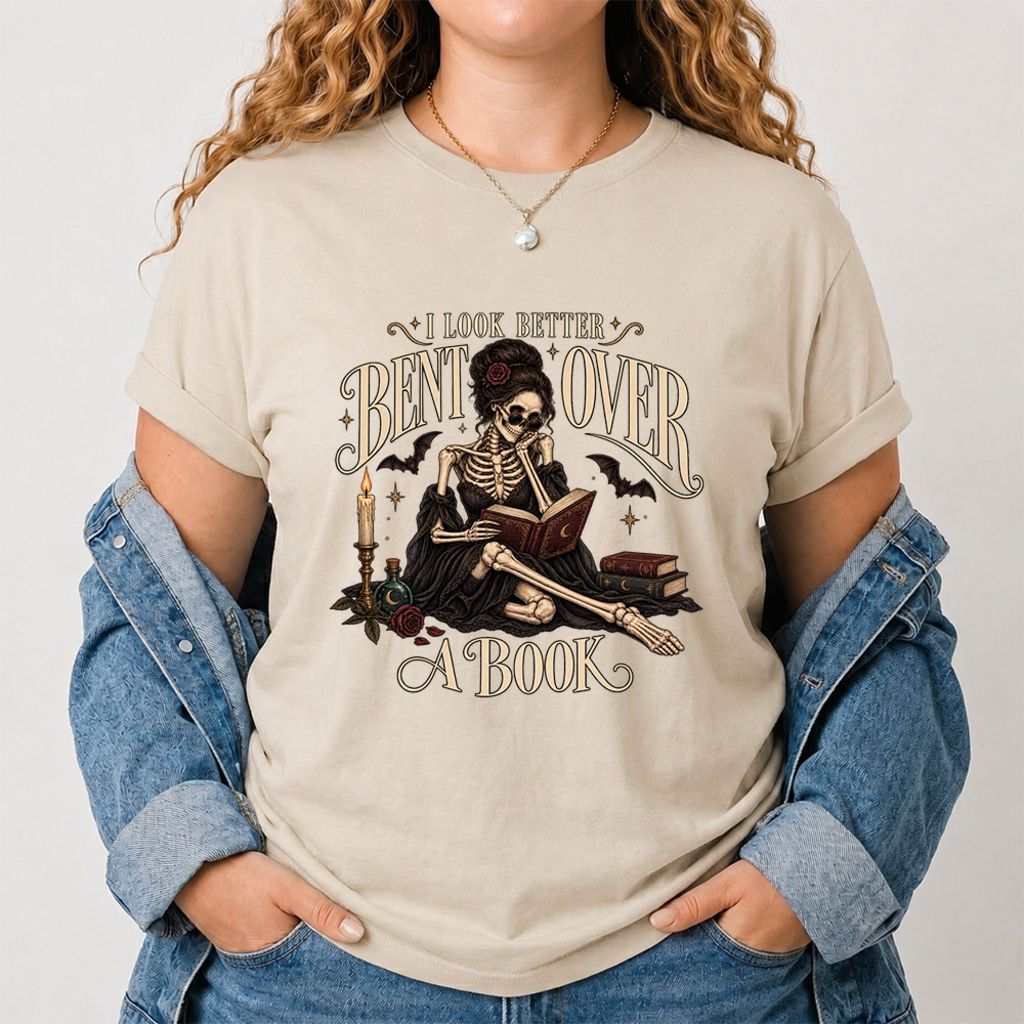 I Look Better Bent Over A Book Printed T-Shirt | Halloween Smut Book Lover Gift Sand