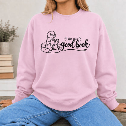Lost In A Good Book Crewneck Sweatshirt | Dog Lover & Reader Gift Light Pink
