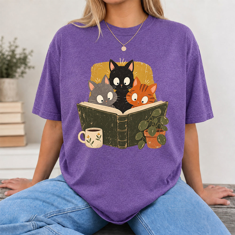 Minimal Japanese Cats Reading Softstyle T-Shirt | Book Lover Gift Heather Purple