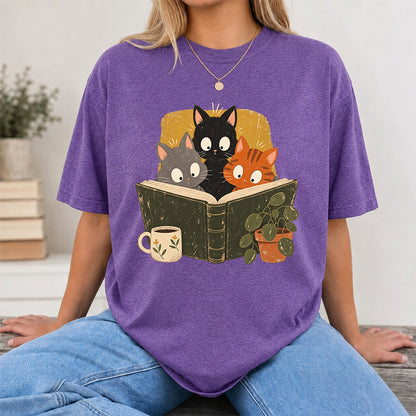 Minimal Japanese Cats Reading Softstyle T-Shirt | Book Lover Gift Heather Purple