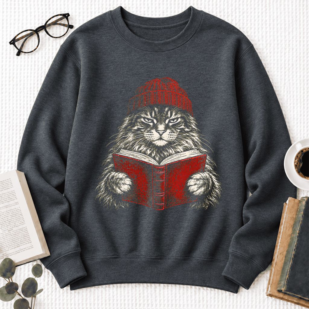 Vintage Reading Cat Maine Coon Softstyle Sweatshirt | Christmas Book Lover Gift Dark Heather