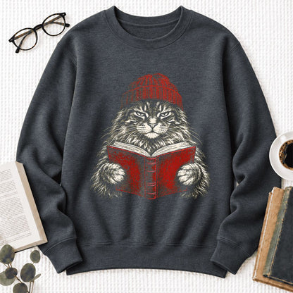 Vintage Reading Cat Maine Coon Softstyle Sweatshirt | Christmas Book Lover Gift Dark Heather