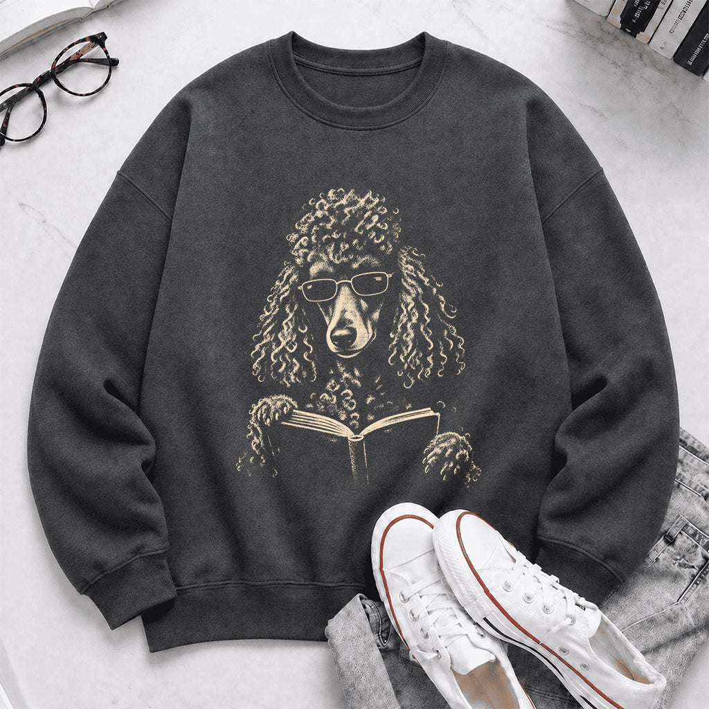 Poodle Reading Book Crewneck Sweatshirt | Reader Gift Dark Heather