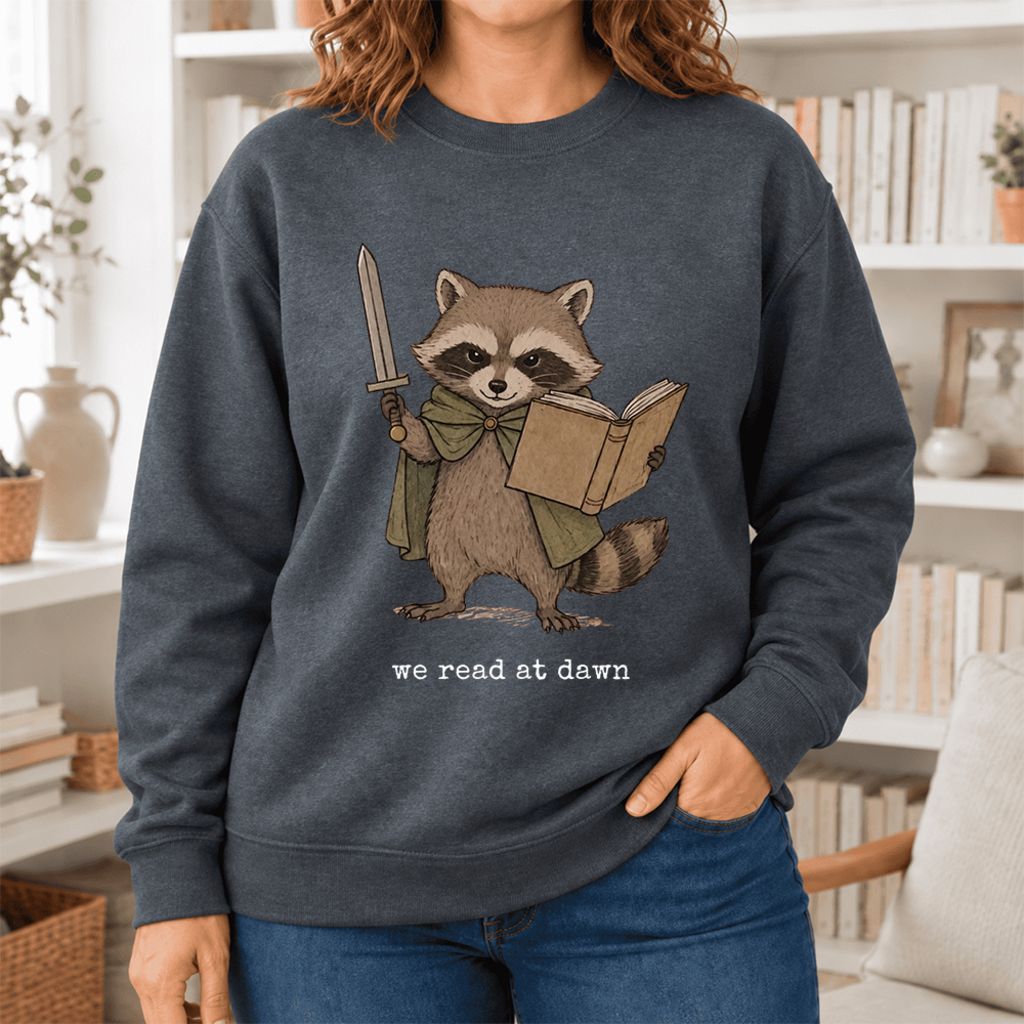 We Read At Dawn Funny Racoon Softstyle Sweatshirt | Cozy Book Lover Gift Dark Heather