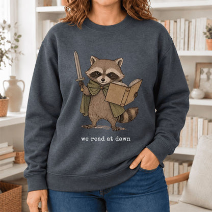We Read At Dawn Funny Racoon Softstyle Sweatshirt | Cozy Book Lover Gift Dark Heather