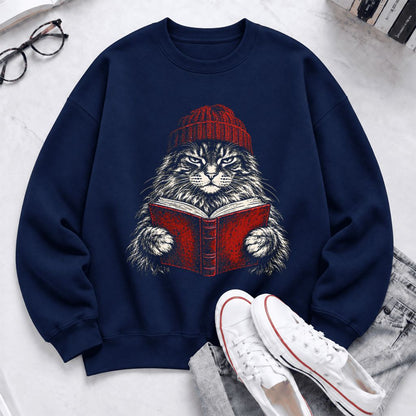 Vintage Reading Cat Maine Coon Softstyle Sweatshirt | Christmas Book Lover Gift Navy