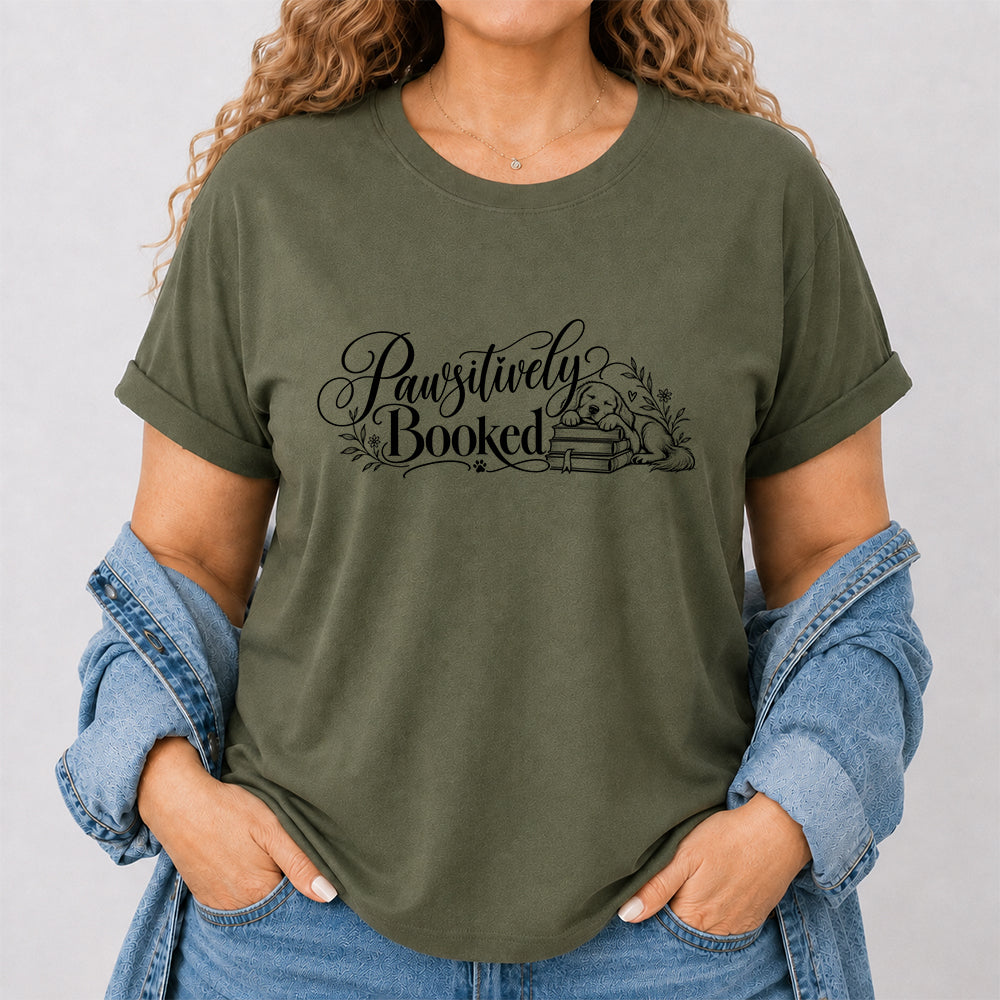 Pawsitively Booked Cotton T-Shirt | Dog Lover & Reader Gift Military Green