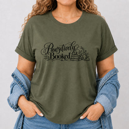 Pawsitively Booked Cotton T-Shirt | Dog Lover & Reader Gift Military Green