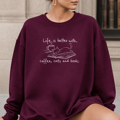 Funny Cats and Books Crewneck Sweatshirt | Reader Gift Maroon