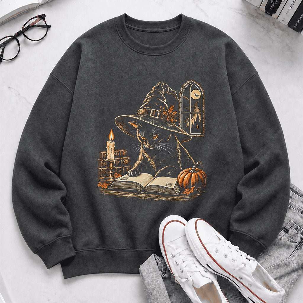 Reading Black Cat Witch Printed Sweatshirt | Halloween Book Lover Gift Dark Heather