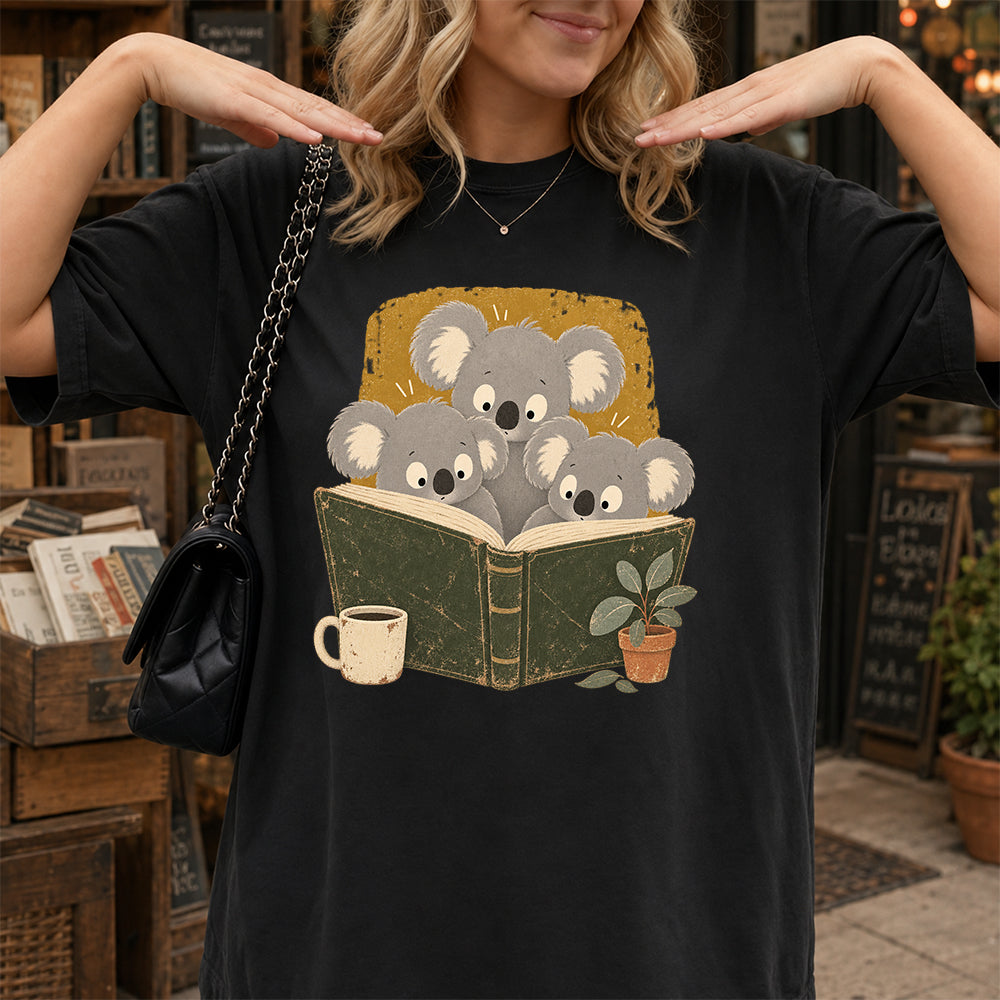 Minimal Japanese Koalas Reading Softstyle T-Shirt | Book Lover Gift Black