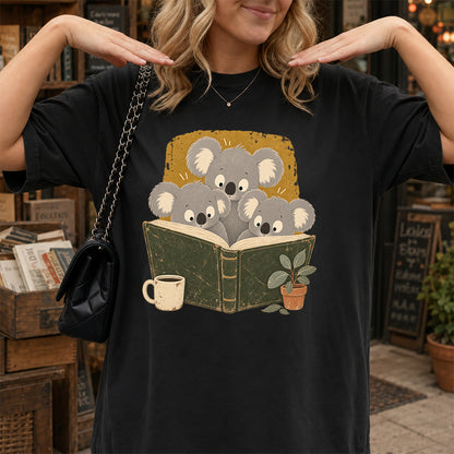 Minimal Japanese Koalas Reading Softstyle T-Shirt | Book Lover Gift Black