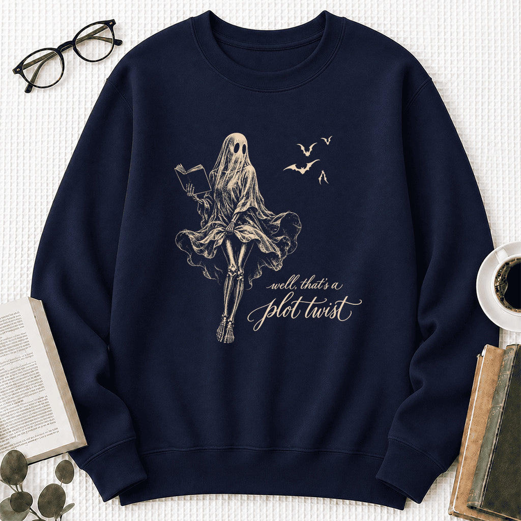 Funny Dress-Wearing Bookworm Ghost Printed Sweatshirt | Halloween Reader Gift Navy