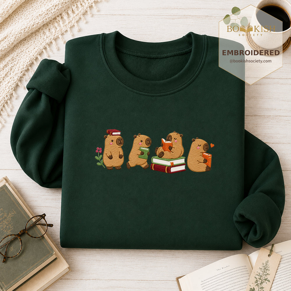 Reading Capybaras Embroidered Sweatshirt | Reader Gift Forest Green