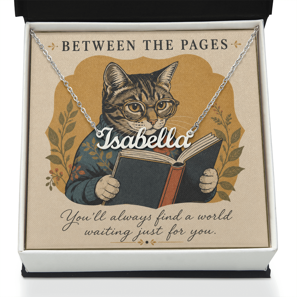 Cat Reading Between The Pages Decorative Card And Custom Name Polished Stainless Steel Necklace With Box Book Lover Gift Font 1