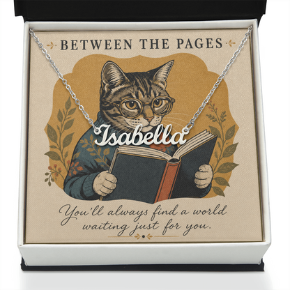 Cat Reading Between The Pages Decorative Card And Custom Name Polished Stainless Steel Necklace With Box Book Lover Gift Font 1