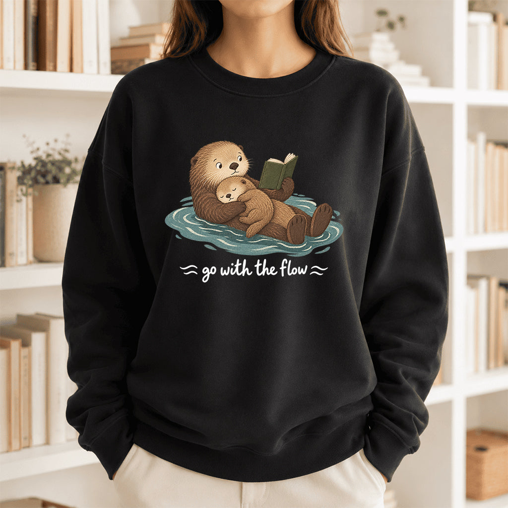 Go With The Flow Otter Reading Crewneck Sweatshirt | Reader Gift Black