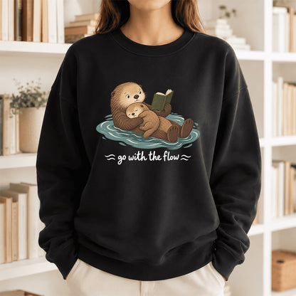 Go With The Flow Otter Reading Crewneck Sweatshirt | Reader Gift Black
