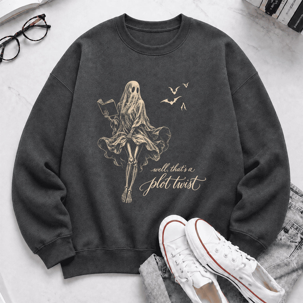 Funny Dress-Wearing Bookworm Ghost Printed Sweatshirt | Halloween Reader Gift Dark Heather