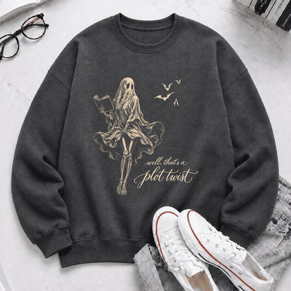 Funny Dress-Wearing Bookworm Ghost Printed Sweatshirt | Halloween Reader Gift Dark Heather