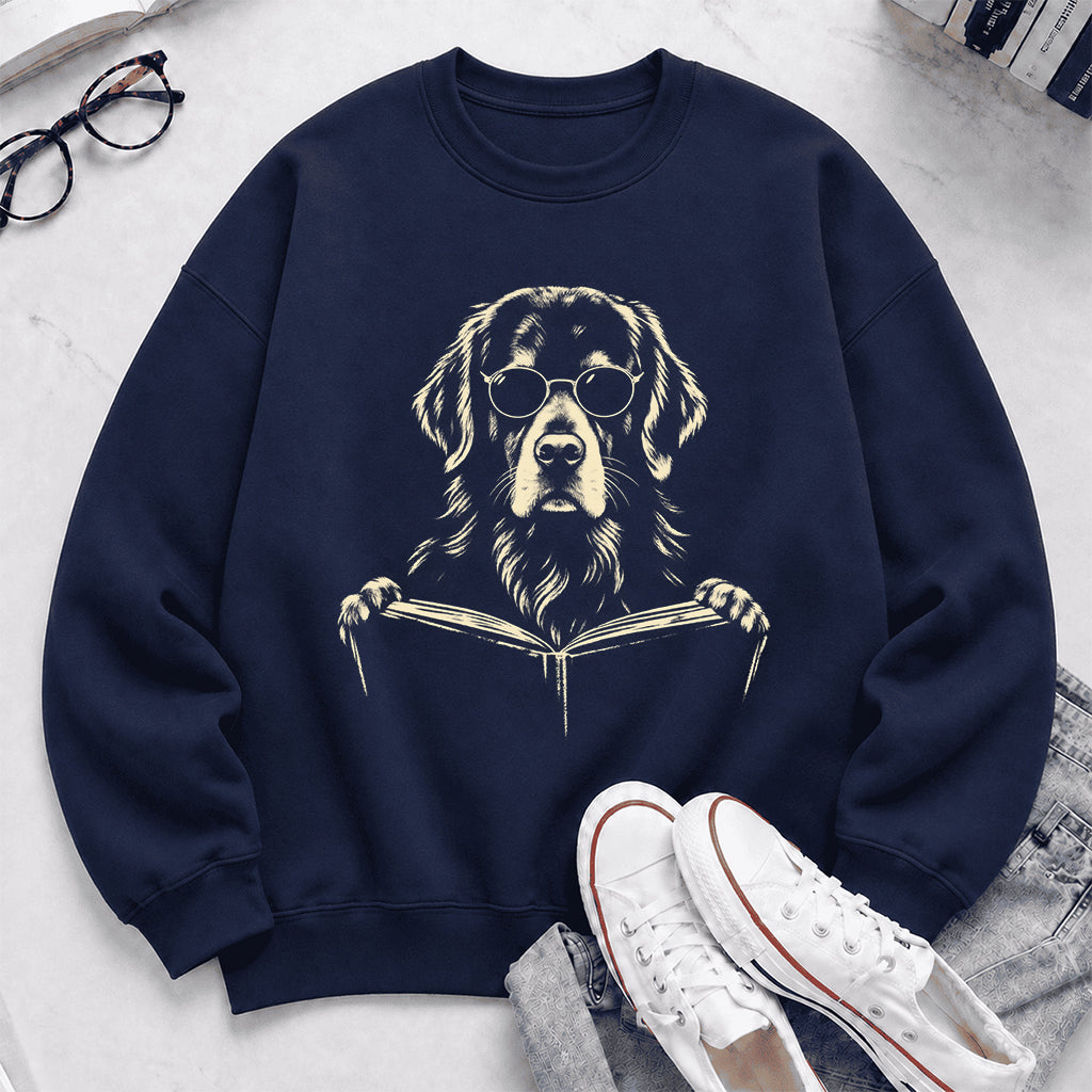 Golden Retriever Reading Book Crewneck Sweatshirt | Reader Gift Navy