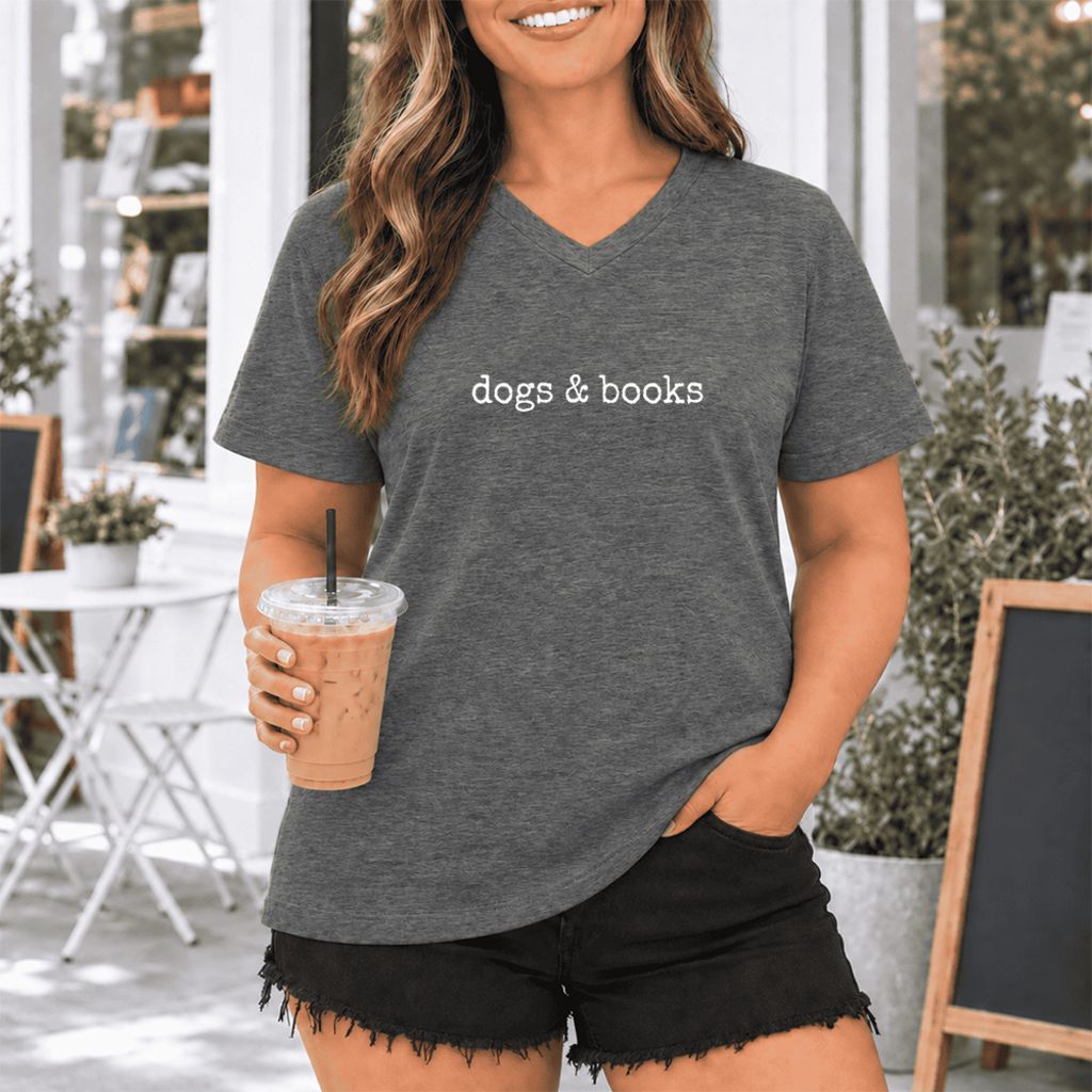 Dogs & Books Ultra-Soft V-Neck | Dog Lover & Reader Gift Deep Heather