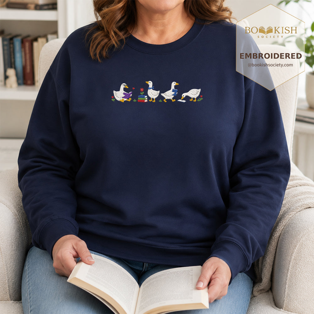 Four Reading Ducks Embroidered Sweatshirt | Reader Gift Navy