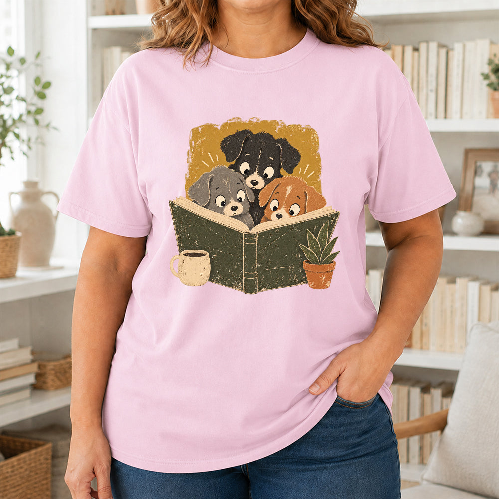 Minimal Japanese Dogs Reading Softstyle T-Shirt | Book Lover Gift Light Pink