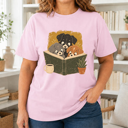 Minimal Japanese Dogs Reading Softstyle T-Shirt | Book Lover Gift Light Pink