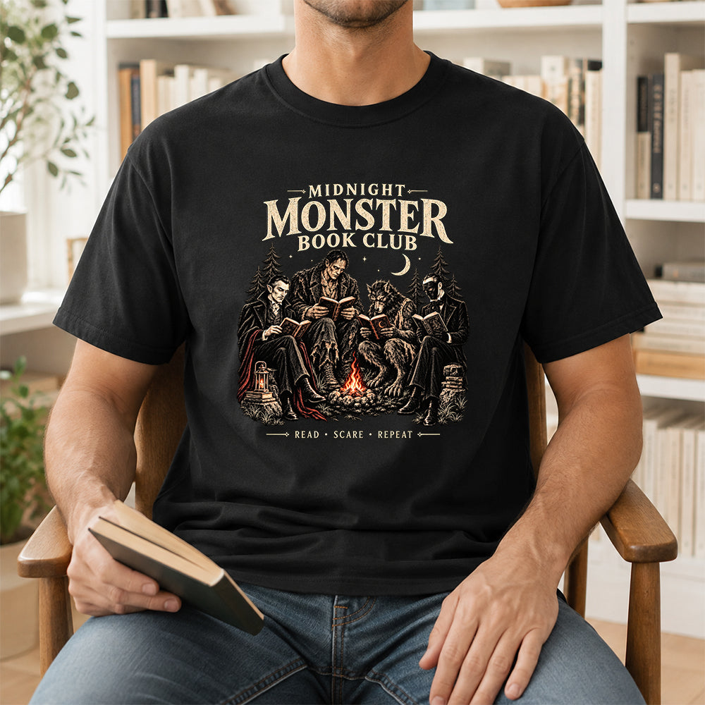 Midnight Monster Book Club Printed T-Shirt | Halloween Book Lover Gift Black
