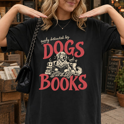 Easily Distracted By Dogs And Books Softstyle T-Shirt | Book Lover Gift Black