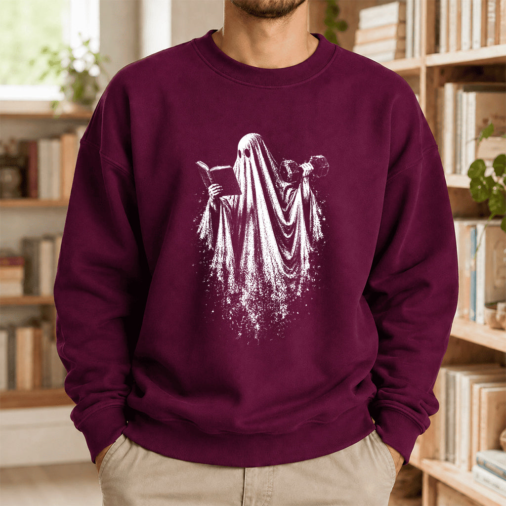 Reading Gym Ghost Printed Sweatshirt | Halloween Book Lover Gift Maroon