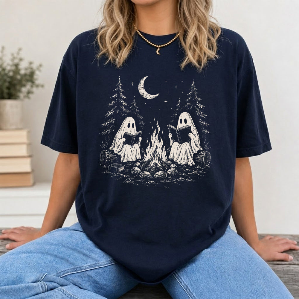 Camping Reading Ghosts Printed T-Shirt | Spooky Book Lover Gift Navy