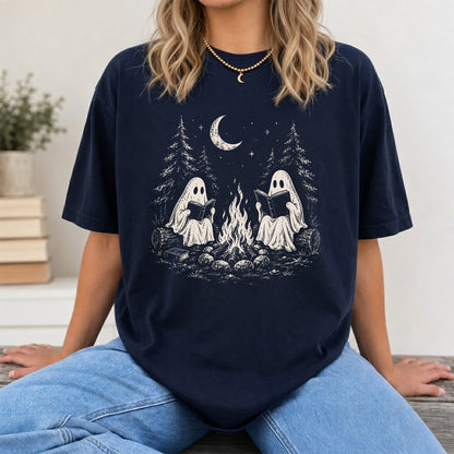 Camping Reading Ghosts Printed T-Shirt | Spooky Book Lover Gift Navy