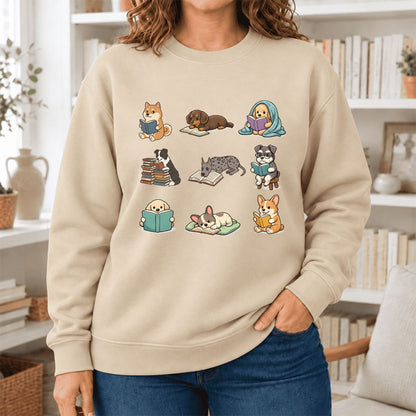 Funny Reading Dogs Embroidered Sweatshirt | Dog Mom Reader Gift Sand