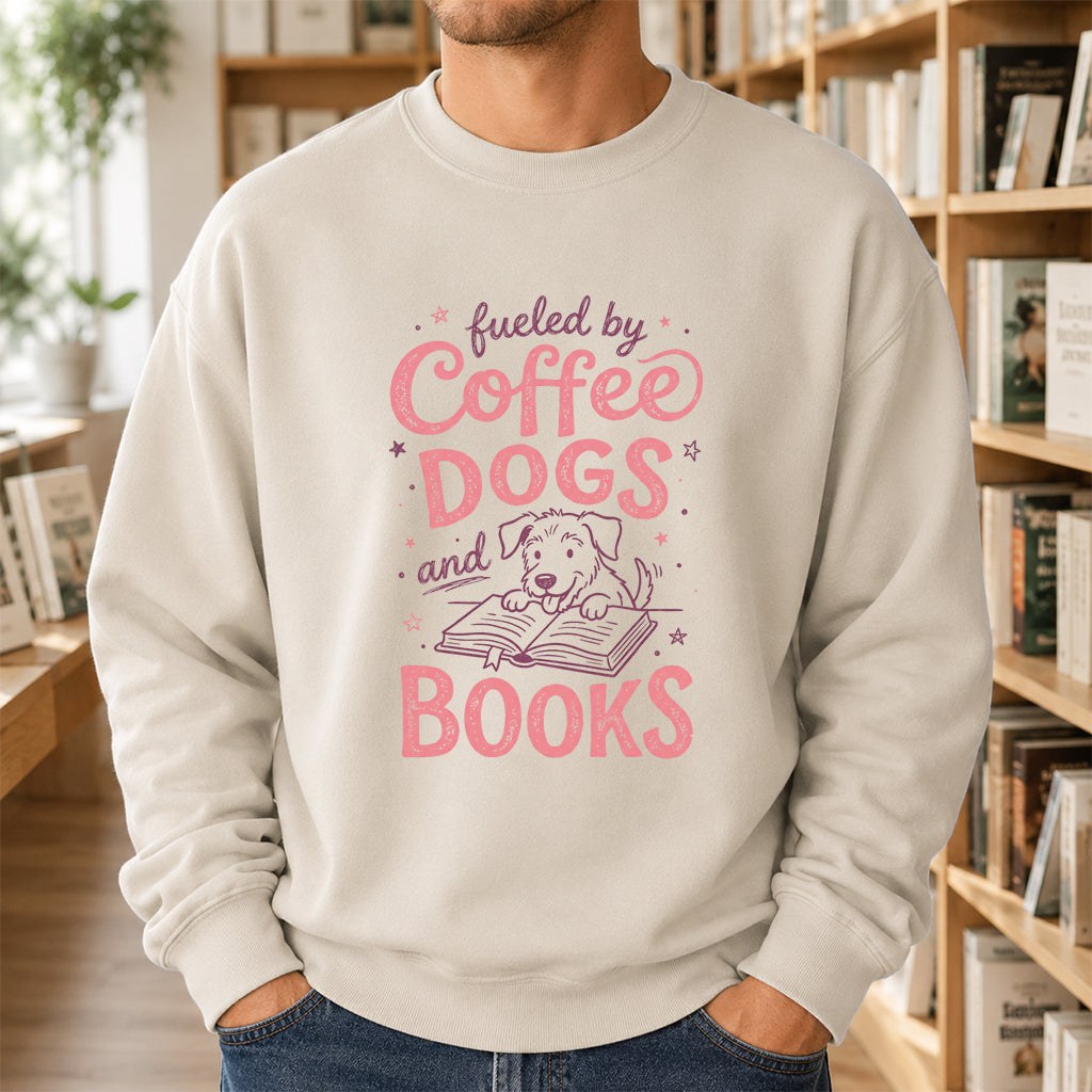 Fueled By Coffee, Dogs and Books Crewneck Sweatshirt | Coffee & Dog Lover, Reader Gift Sand